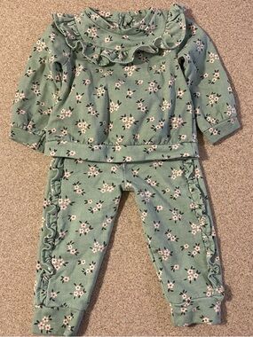 Floral Ruffle Matching Set - Green 9-12m